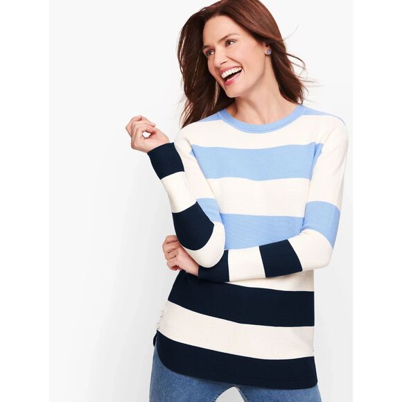 Talbots Sweaters - Talbots Button Detail Striped Sweater Women's SP Blue White Nautical Preppy